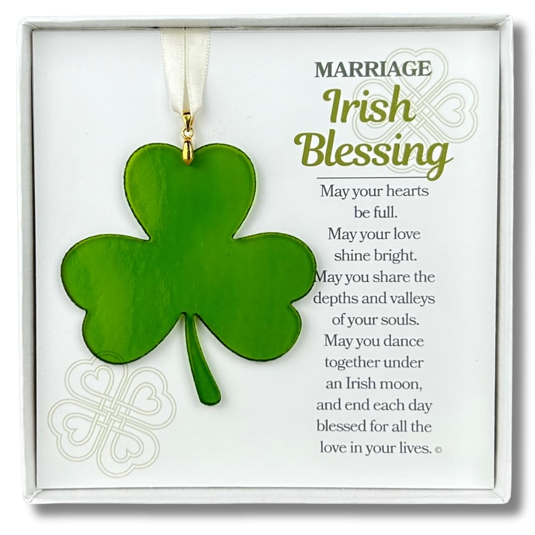 The Grandparent Gift Co.Handmade in USA Stained Glass Shamrock Ornament with Marriage Irish Blessing - Special Irish for Couple on Wedding/Anniversary (Marriage Blessing Shamrock)