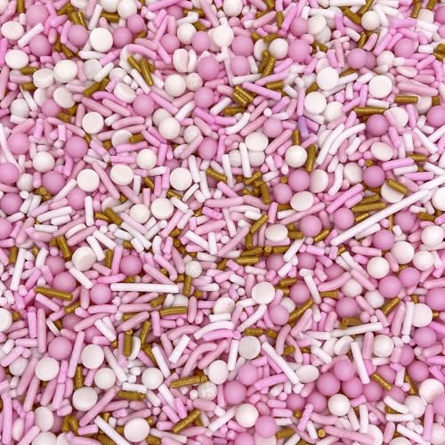 Image of Manvscakes, pink sprinkles, valentines, cake sprinkles, gluten free, cookies, chocolate, fondant, princess topping, ice cream, edible, dessert decoration (Gold Pink)