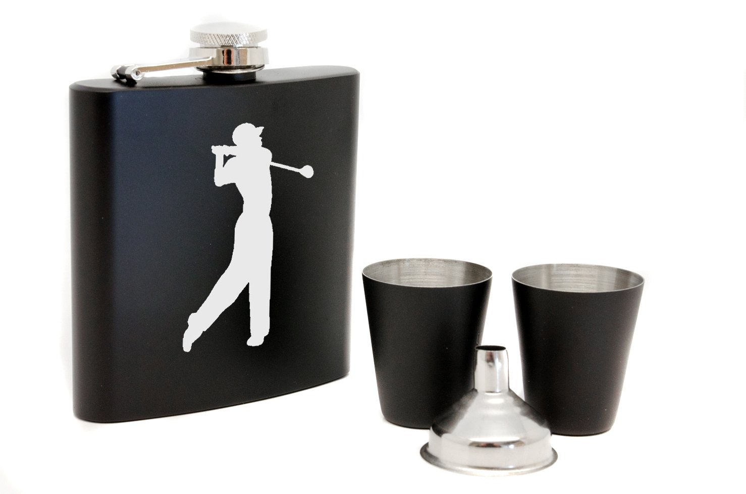 Personalised 6oz Stainless Steel Gloss Finish Hip flask with Two Shot Cups, Funnel and Rosewood Gift Box, Laser Engraved Golf Logo (Black)