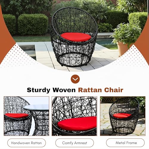 Image of DEVOKO 3-Piece Netted Rattan & Wicker Patio Mudda Chairs and Glass Top Table with All Weather Waterproof Cushion for Garden, Pool, Balcony, Lawn (Black & Red)