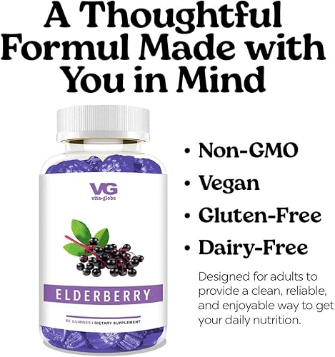 Miniatura 5 de VITA GLOBE Gomitas de saúco con vitamina C y zinc, suplemento diario para apoyo inmunológico y bienestar  Extracto de saúco con antioxidantes en un