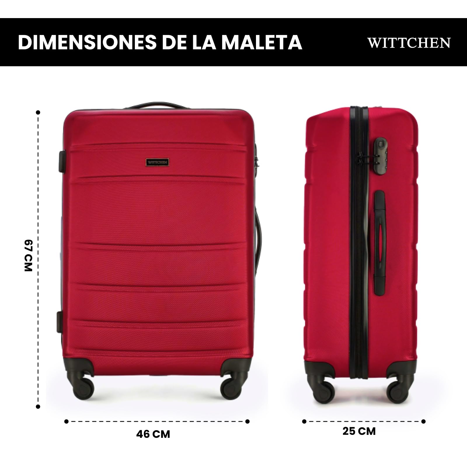 WITTCHEN Maleta Mediana Trolley de Viaje de ABS con 4 Ruedas giratorias Cerradura de combinación Asa telescópica Globe Line Rojo Ryanair/Vueling/Iberia/easyJet/Iberia Express/Air Europa