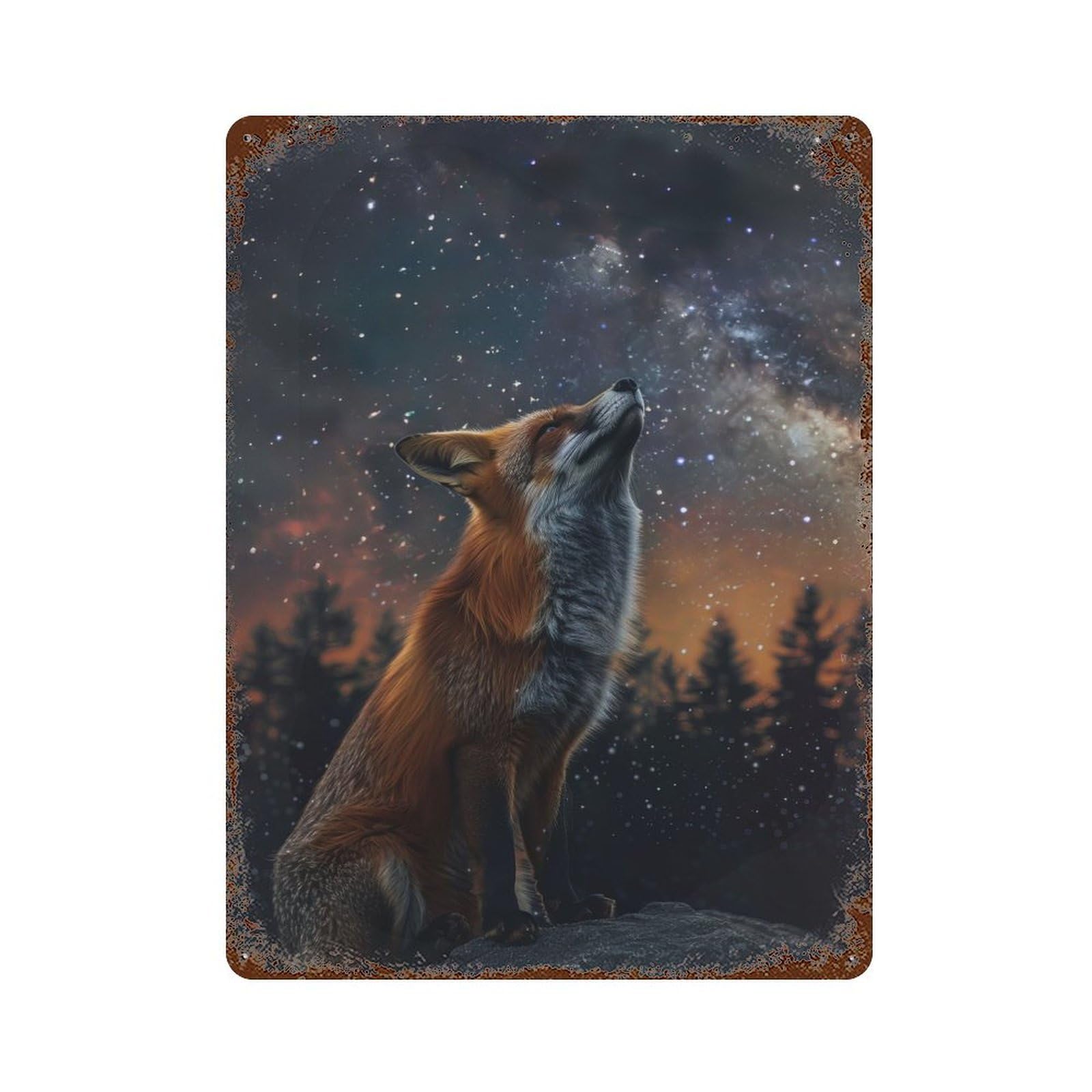 Starry Night Fox Rusty Metal Tin Sign 15.7"x11.8", Ideal for Farmhouse, Kitchen And Entryway Decor