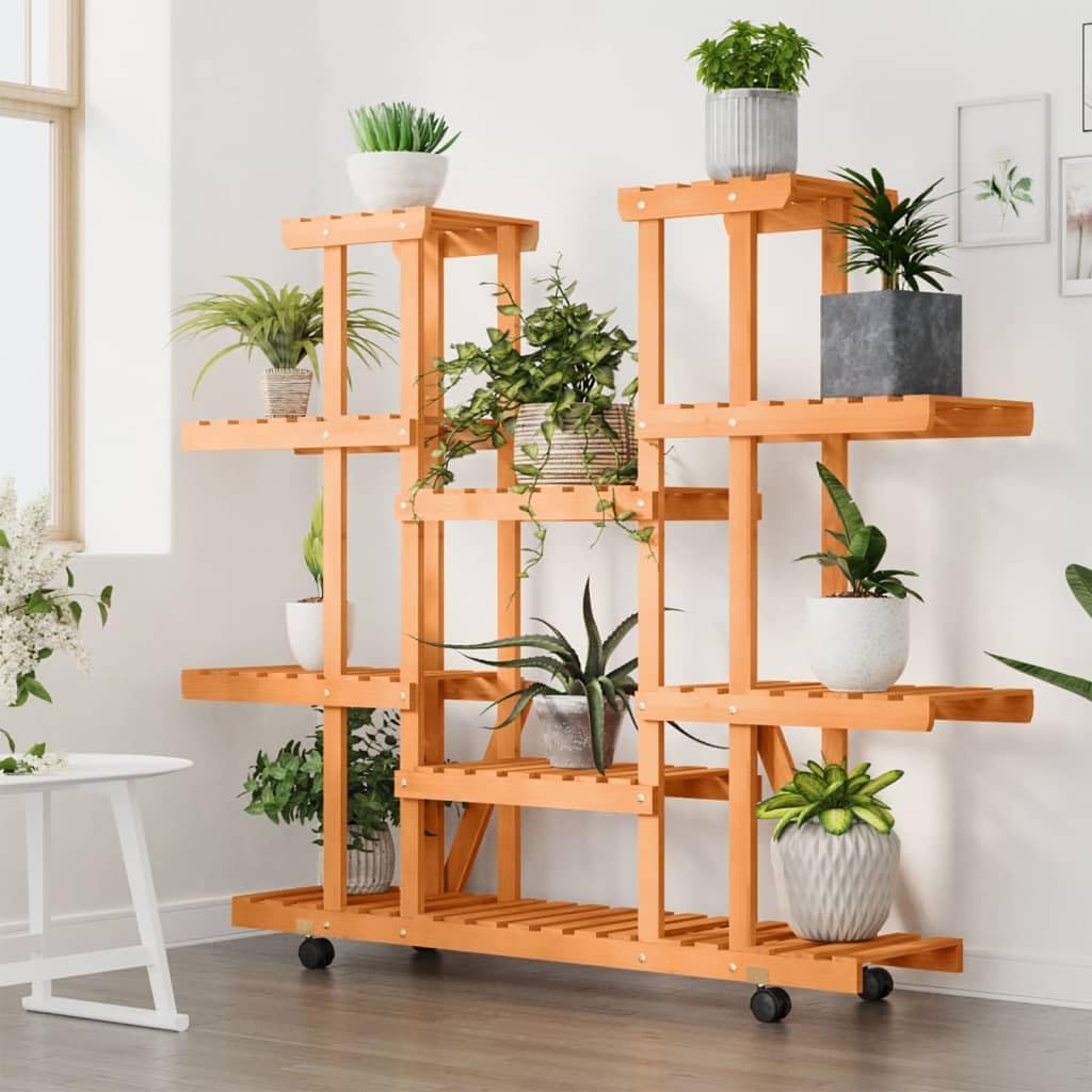 Blumenständer mit Rollen 110x25x115 cm Pflanzenregal Holz Indoor Outdoor Mehrstöckig Pflanzentreppe Tannenholz Symmetrisch Blumenregal für Wohnzimmer Balkon Terrasse Natur