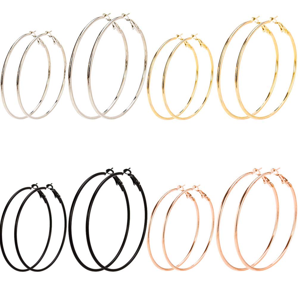 8 Paia Di Orecchini A Cerchio Grandi Per Donna – Oro Rosa, Argento, Oro, Nero – Misure 50mm E 60mm, In Lega Lucida