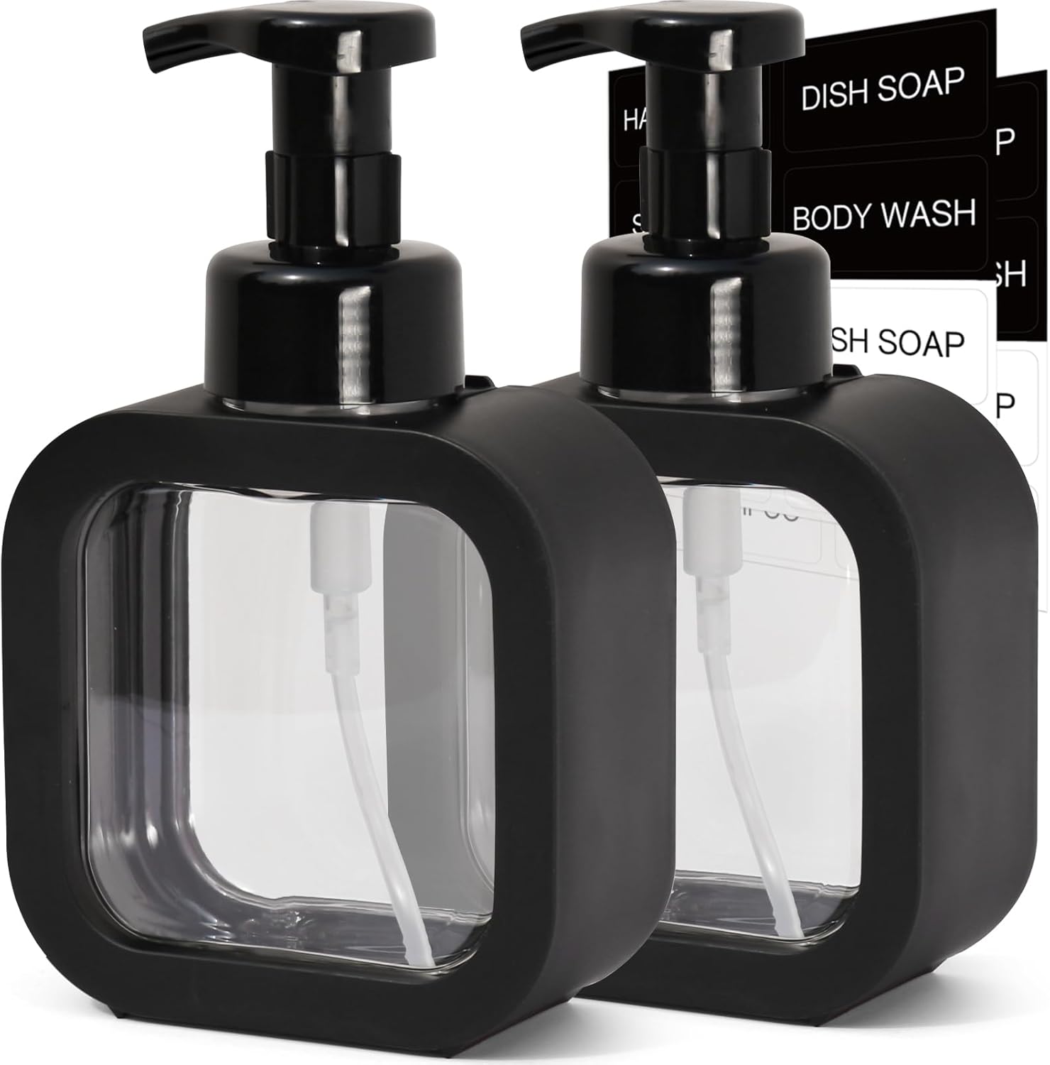 Foaming Soap Dispenser, 2 Pack 300ml (10oz) Plastic Refillable Foaming Hand Soap Dispenser with 16 Pcs Waterproof Labels, Foam Pump Bottle for Bathroom and Kitchen (Black)