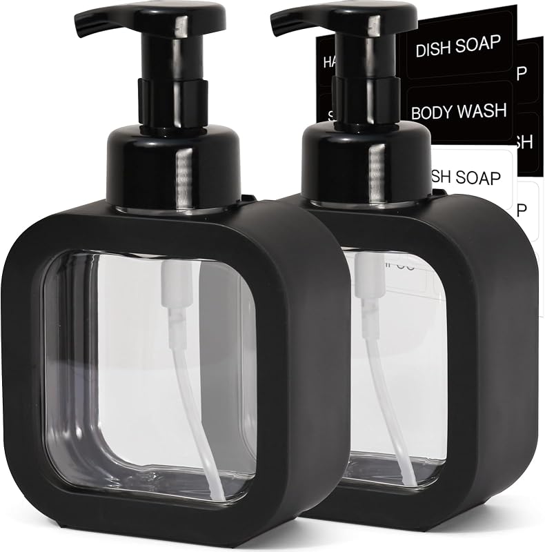 Dispensador de sabonete espumante SVLX YIXVN preto, 300 mL, com etiquetas à prova d’água — Pacote com 2