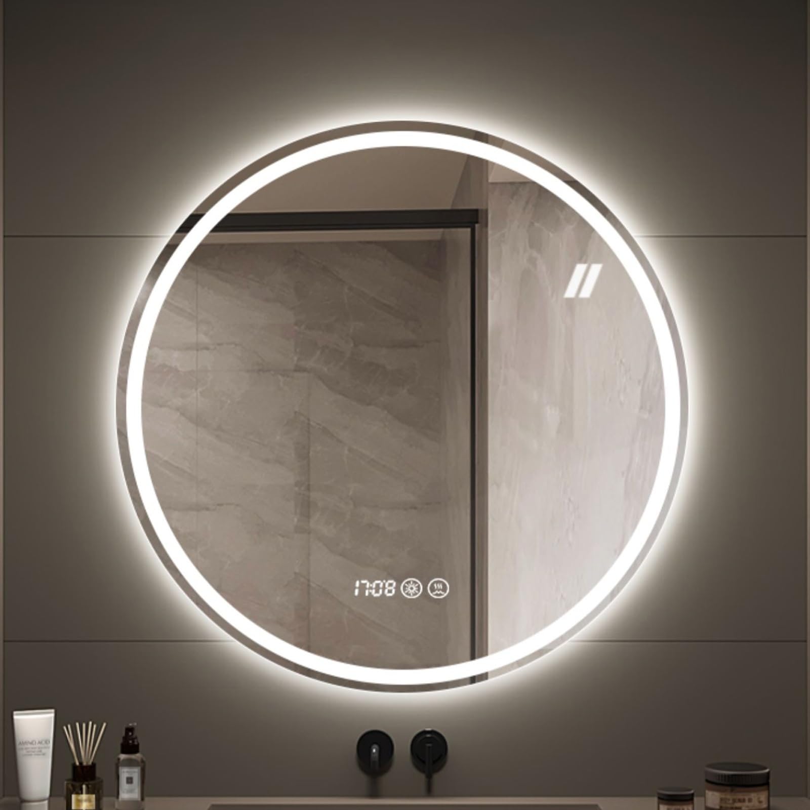 BKSXSOP Dimmable LED Round Bathroom Mirror with Smart Touch, Anti-Fog Lighted Vanity for Wall, 3 Color Options, 70x70cm Illuminated