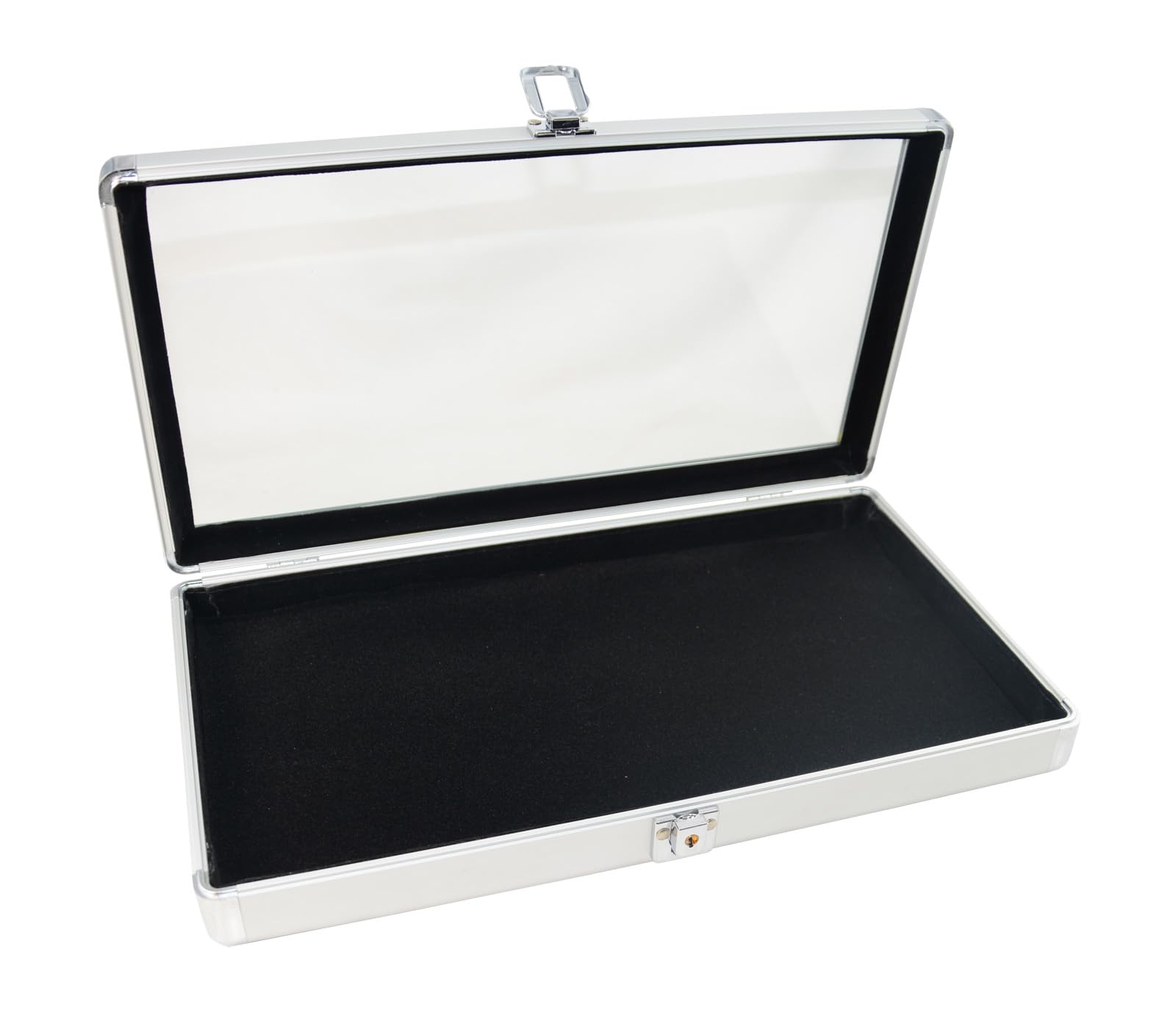 Box Displays Case With Black Flocked Tray Liner Aluminium Glass Lid Display Case Lock & Key Storage Orginiser With Choice Of Jewellery Display Insert (Case With Black Flocked Tray Liner)