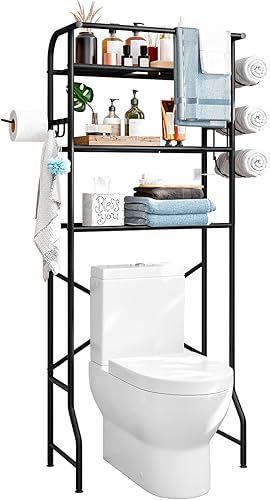 Estante organizador de baño de metal de 3 niveles con soporte para papel, fácil de montar y ahorra espacio (negro)