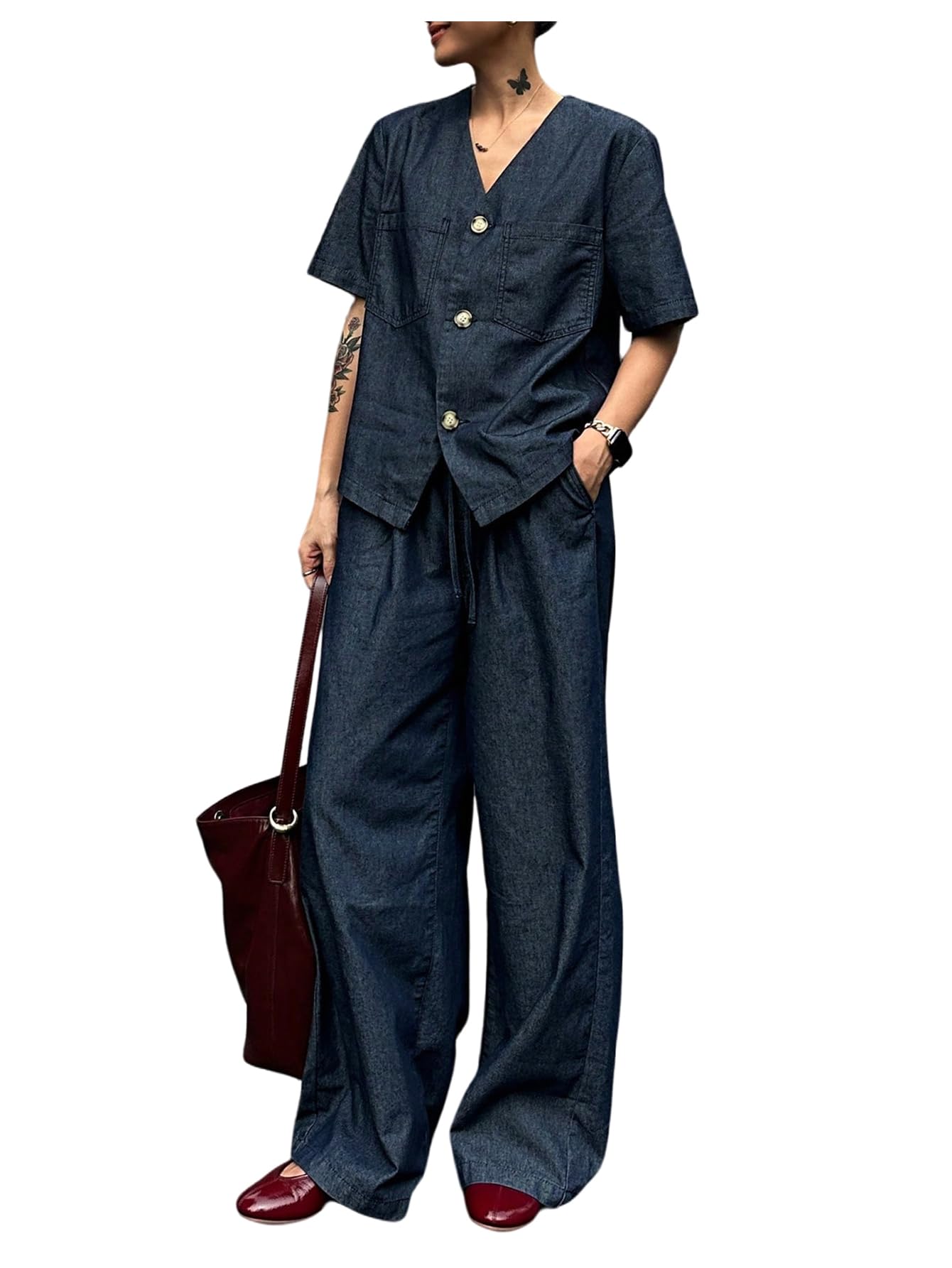 WDIRARA Womens 2 Piece Denim Outfits V Neck Button Down Shirt Wide Leg Pants Set