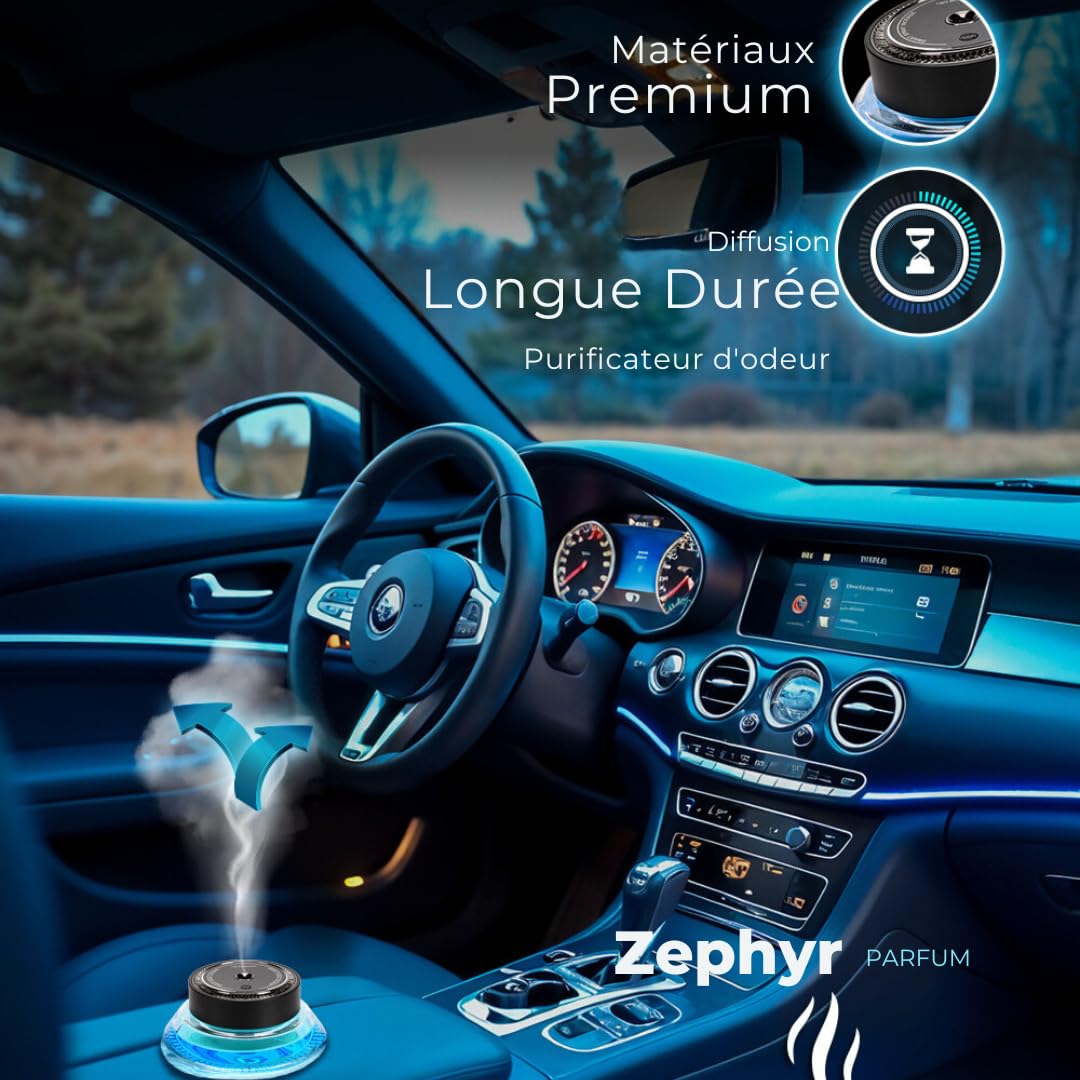 Désodorisant Voiture Zephyr, diffuseur de voiture, 50 ml Parfum Naturel, Durée 3-6 Mois, Lumière Ambiante, Concentration Réglable, Marche/Arrêt Automatique, Batterie Intégrée, Car Air Freshener