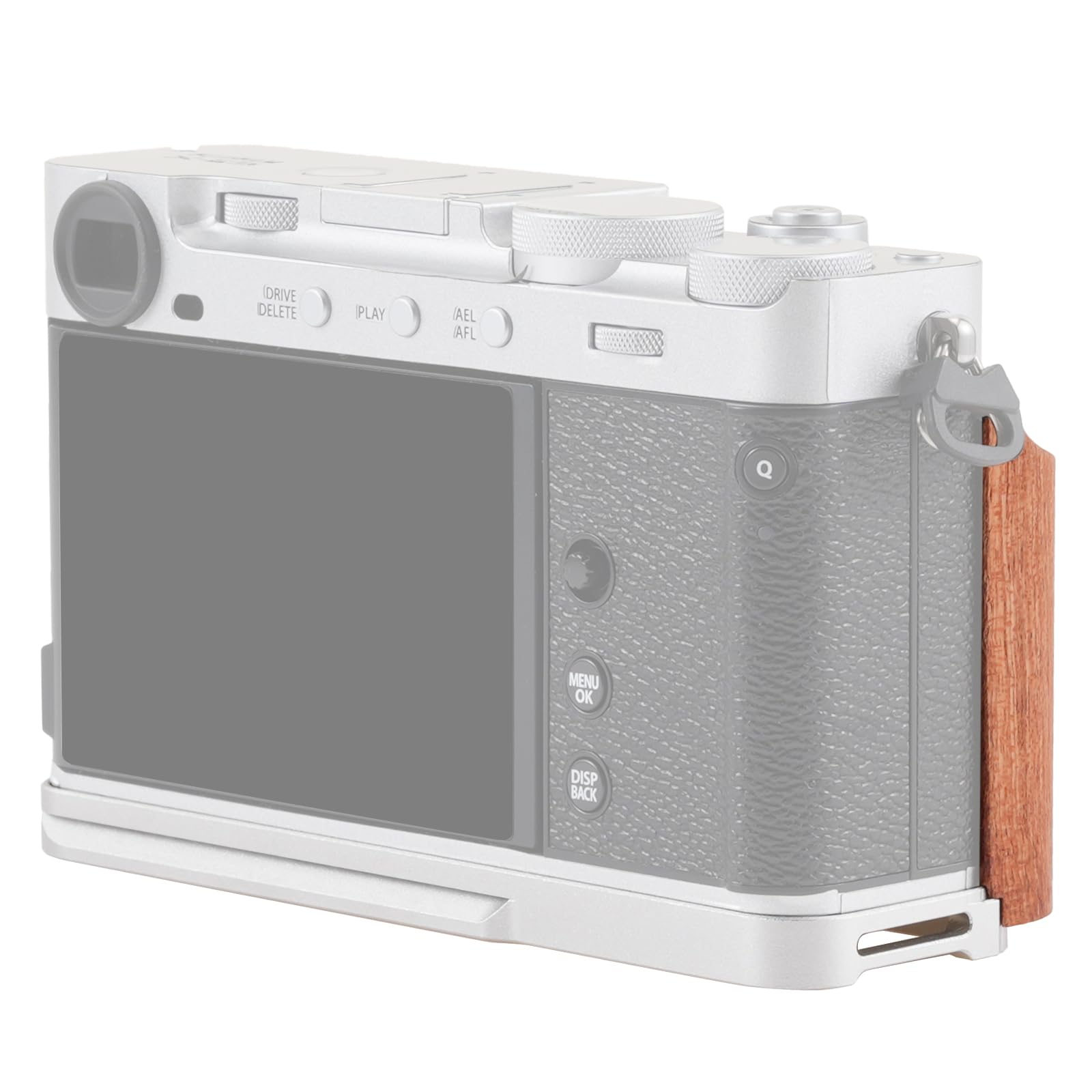 FOTGA Mango lateral de madera X-E5 ligero en forma de L para cámara Fujifilm X-E5 XE5, con soportes de 1/10.2 cm-20, placa de montaje de trípode Arca Swiss de liberación rápida (plata)