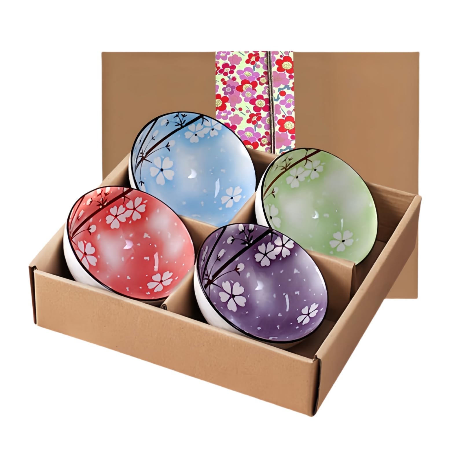 NBBENG Porcelain Dessert Cereal Bowl Set of 4, Japanese Style Ceramic Dipping Bowls, Rice Dessert Bowl with Gift Box, Colorful Small Bowls for Ice Cream, Condiment Microwave and Dishwasher Safe 10 Oz