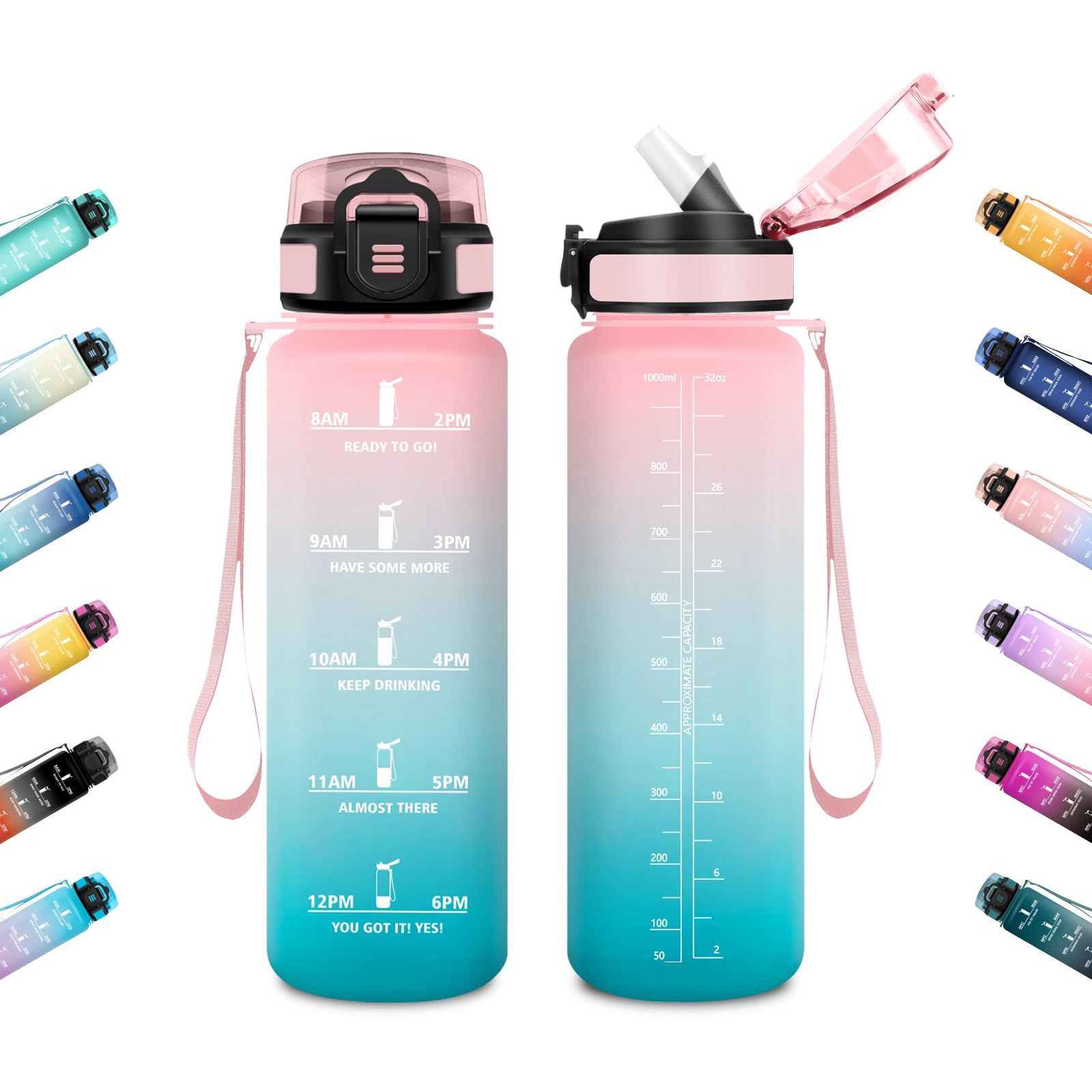 JAPORIA Sports Water Bottle 1L Motivational Water Bottle with Straw Leakproof Large Capacity Reusable Gym Cycling Yoga