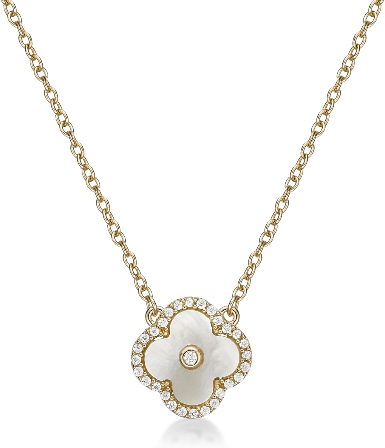 Lavari Jewelers Malachite, Black Onyx or Mother of Pearl and Cubic Zirconia Flower Pendant Necklace for Women in 925 Sterling Silver with Gold Plating on 16 to 18 Inch Adjustable Chain Spring Ring