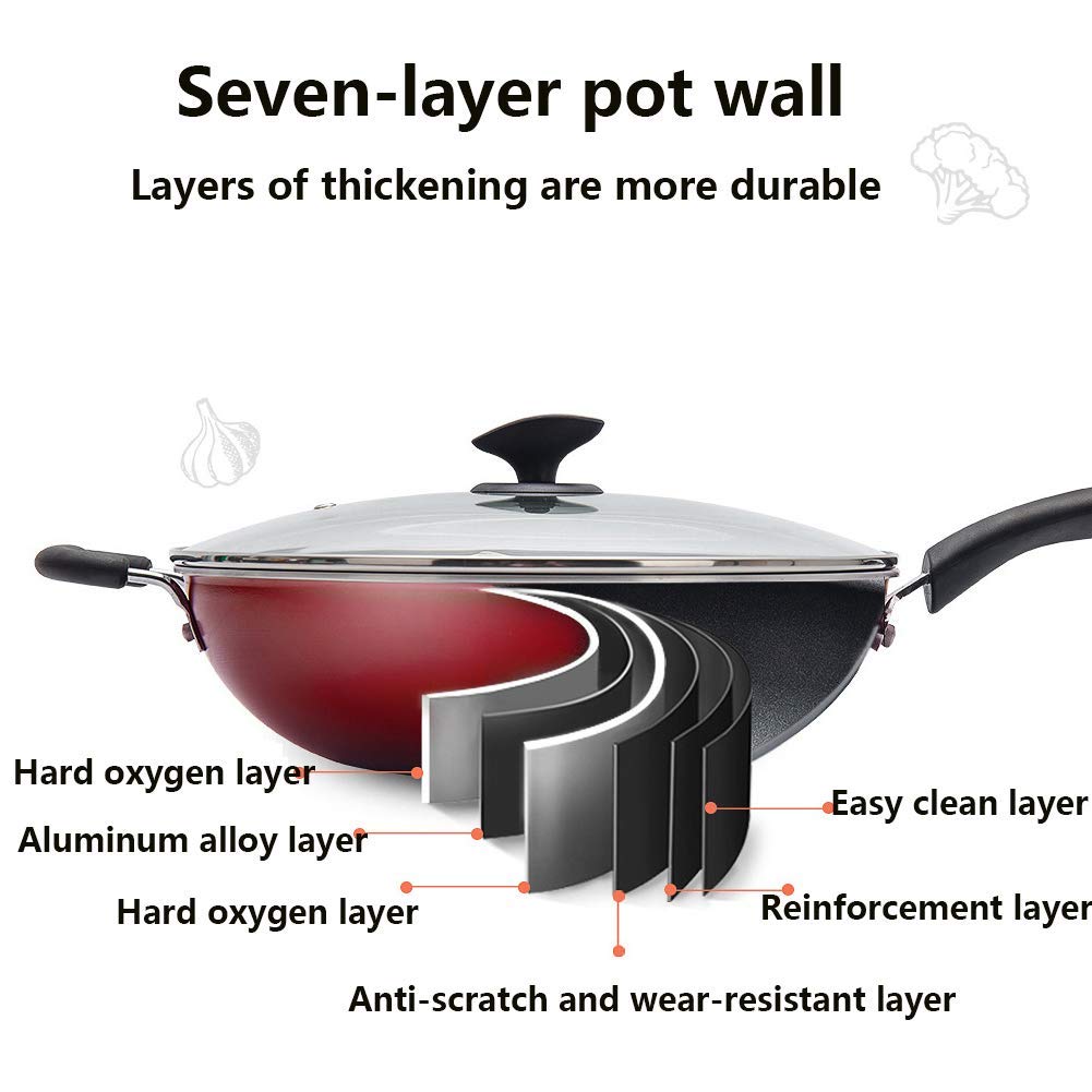 HMTE Wok, revêtement en céramique antiadhésif Wok, poêle multifonctionnelle en Aluminium à Fond Plat 4 en 1, cuisinière à gaz Naturel Facile à Nettoyer (30-34 cm), 32 cm (32 cm)