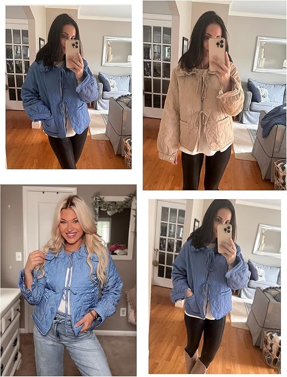 Women's Quilted Lightweight Jackets Long Sleeve Winter Cropped Cotton Padded Coat Jacket Bow Tie Puffy Outwear - Image 2