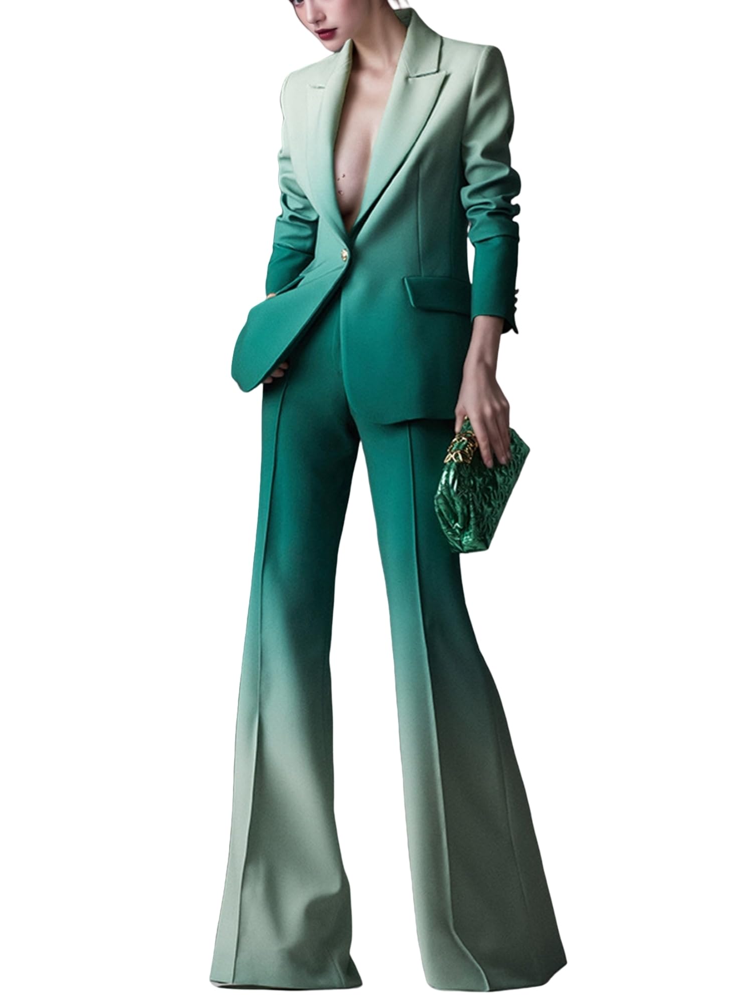 Womens Pant Suit Set Designer Gradient Color 2pcs Business Blazer Flare Pants Wedding Party Outfit
