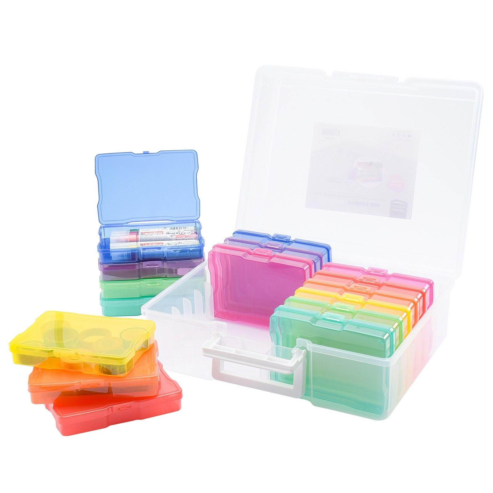 Vaessen Creative Mallette de Rangement Transparente avec Couvercle et 16 Boîtes Colorées, pour Matrices de Découpe, Photos et Autres Fournitures de Loisirs Créatifs, 37,50 x 30 x 13 cm