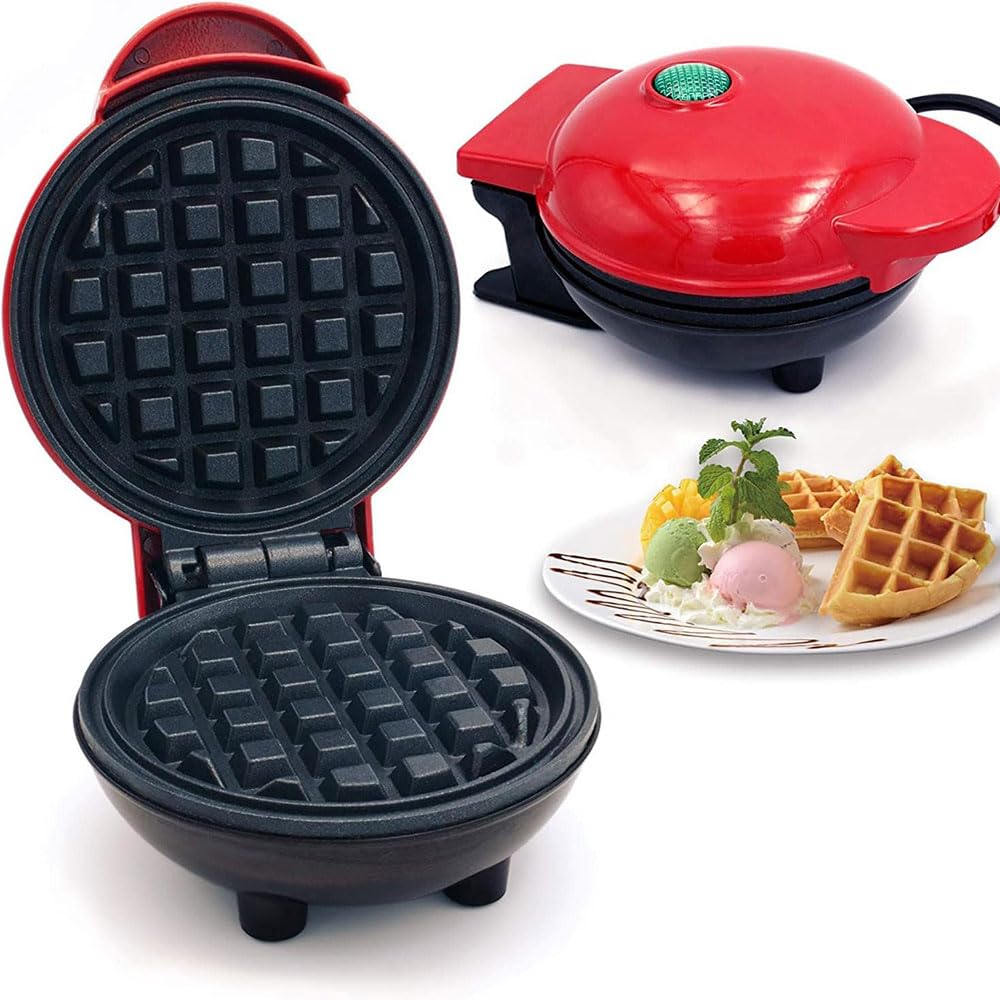 COOLBABY Mini Waffle Maker,Portable Personal Waffle Maker for Breakfast, Lunch, or Snacks,Easy to Clean,Non-Stick Sides,Red