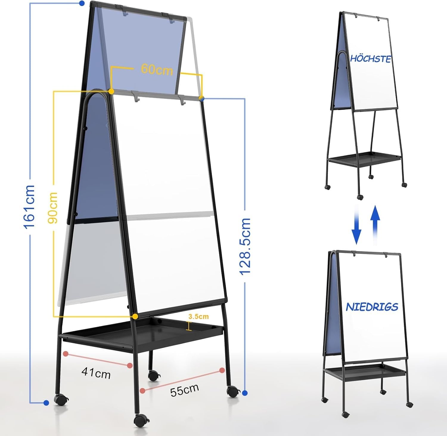 MAKELLO Flipchart 90x60cm Doppelseitiges Whiteboard mit Ständer | Höhenverstellbar, Magnetisch und Beschreibbar, mit 4 Leisen Rollen, mit Ablagefach, Flipchart Ständer für Büro