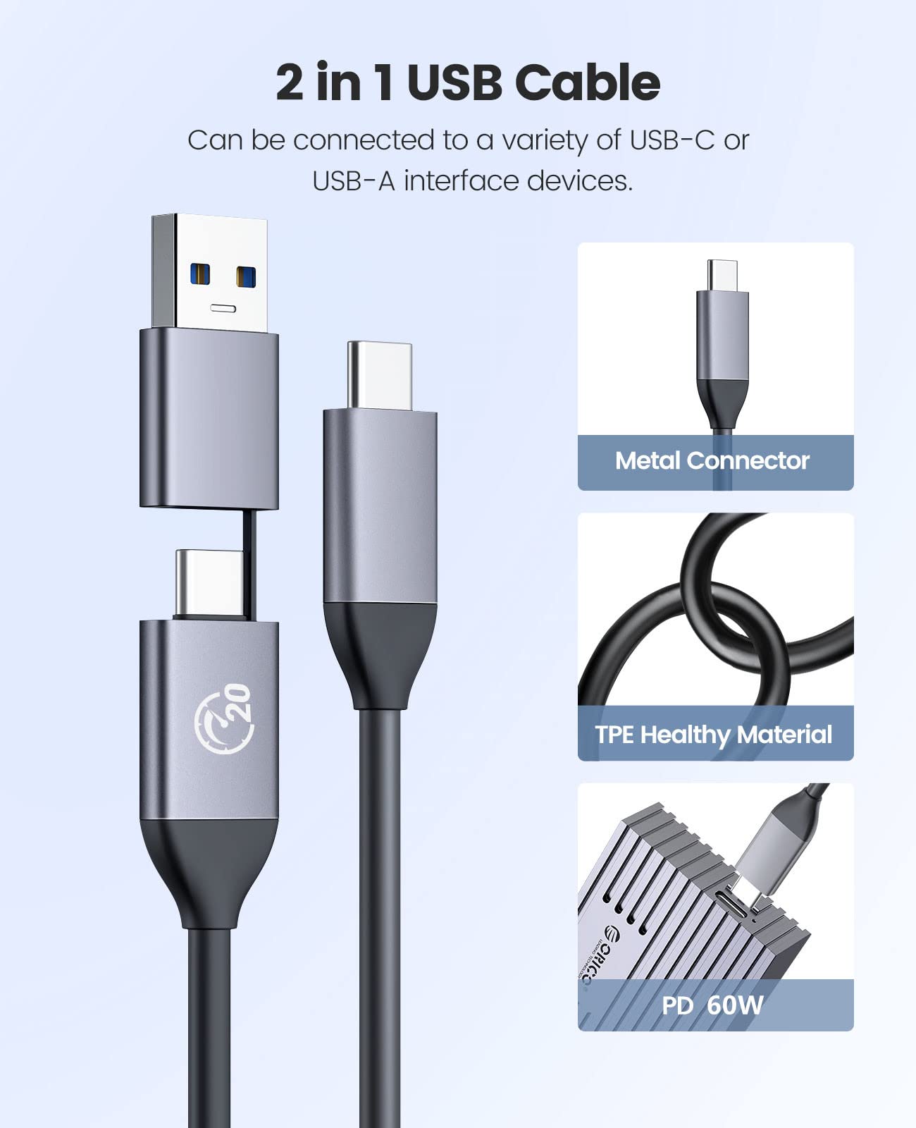ORICO Adaptador de carcasa USB C a M.2 NVMe SSD de 20 Gbps, USB 3.2