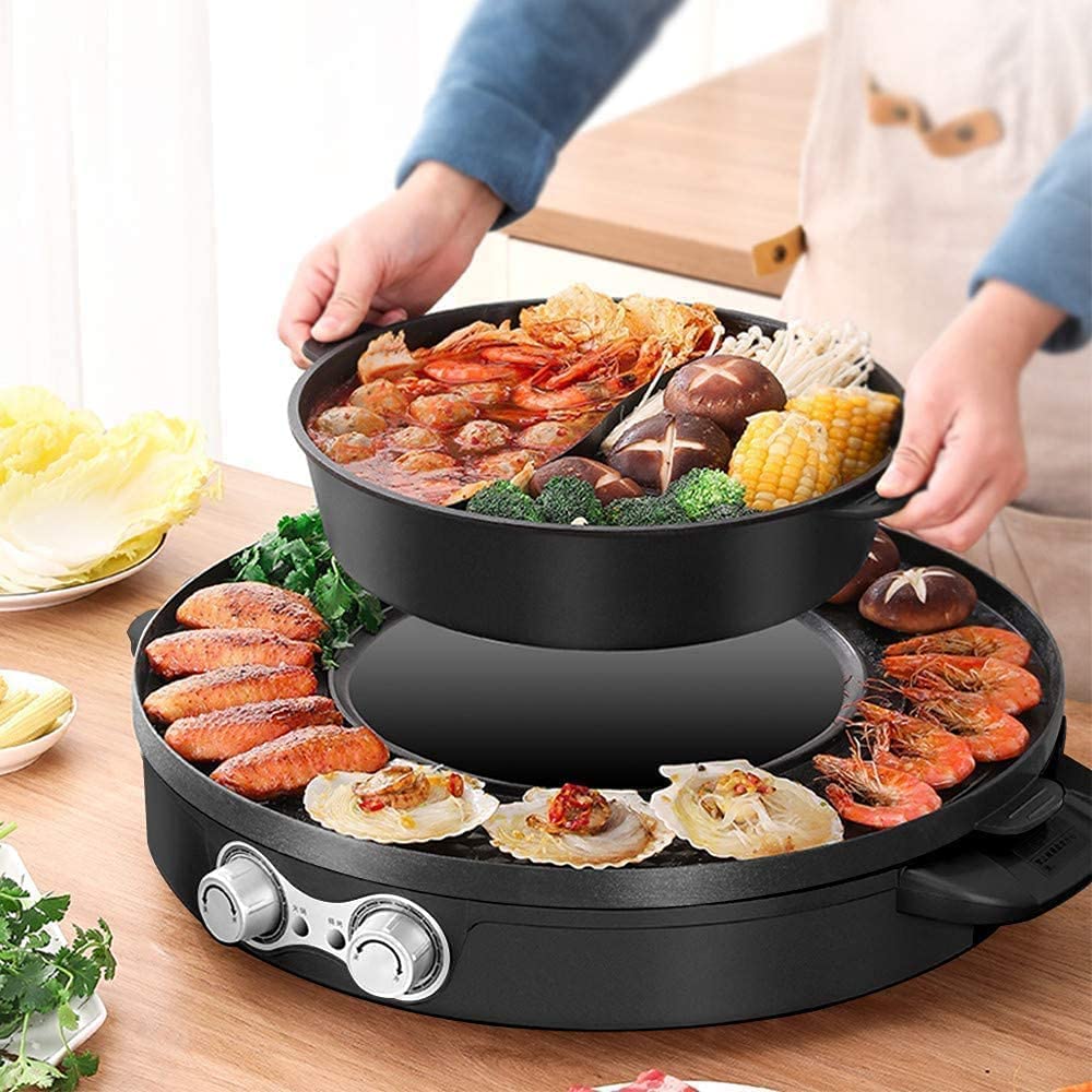 Parrilla Eléctrica Plancha de Asar 2 en 1 Olla Caliente eléctrica Parrilla para Barbacoa Shabu Pot con Control de Temperatura Independiente 1016(Color:Black)