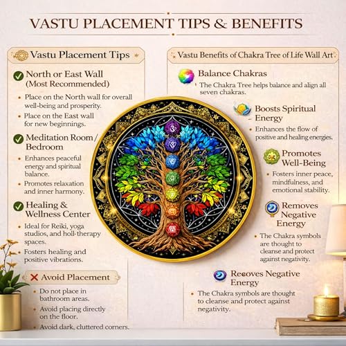 Image of Chakra Tree of Life Round Wall Art Painting With Frame For Living Room | 7 Chakra Vastu Decor Framed Painting | Spiritual Round Wall Hanging for Home, Meditation Room & Gifting, 12 Inch