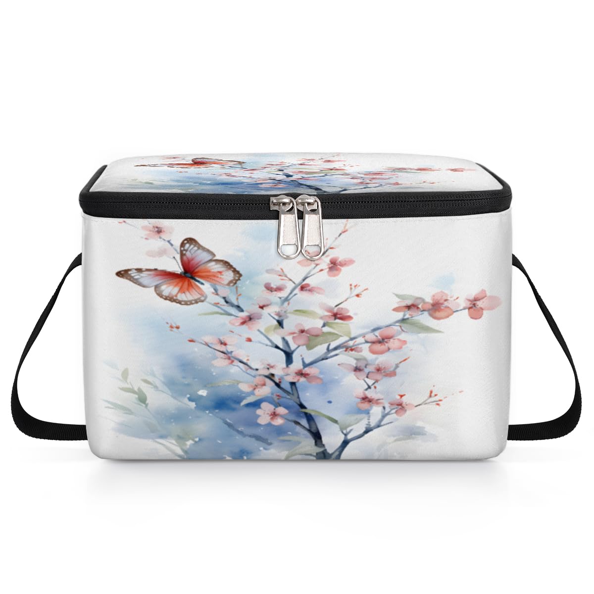 GzLeyigou Japanese Cherry Tree Lunch Bags for Women Men 9 Cans, Hot & Cold Food Delivery Bag Insulated Grocery Bag Insulated Lunch Box Butterfly Cooler Bag for Office Work Picnic Beach