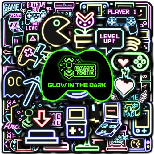51 Pcs Neon Game Stickers for Kids Glow in The Dark, Gamer Inspirational Sticker for Water Bottle, Vinyl Waterproof Laptop Decals for Teens Girls Boys, Students Adults Sticker Pack