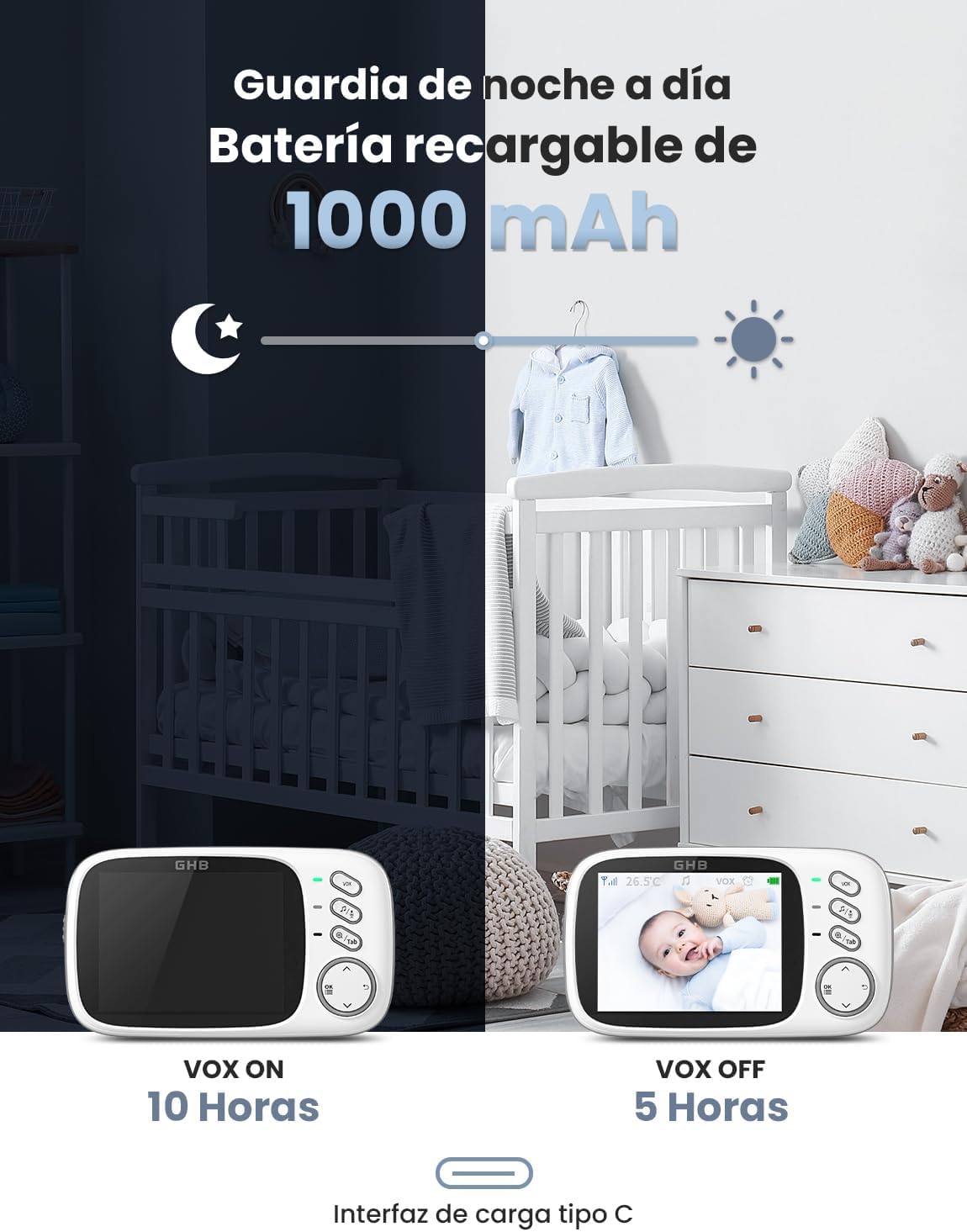 GHB Camara Vigilancia Bebe Vigilabebes con Camara con Pantalla 3.2" HD Vigilabebes VOX, Visión Nocturna, Despertador, Comunicación Bidirecciona Escucha Bebes