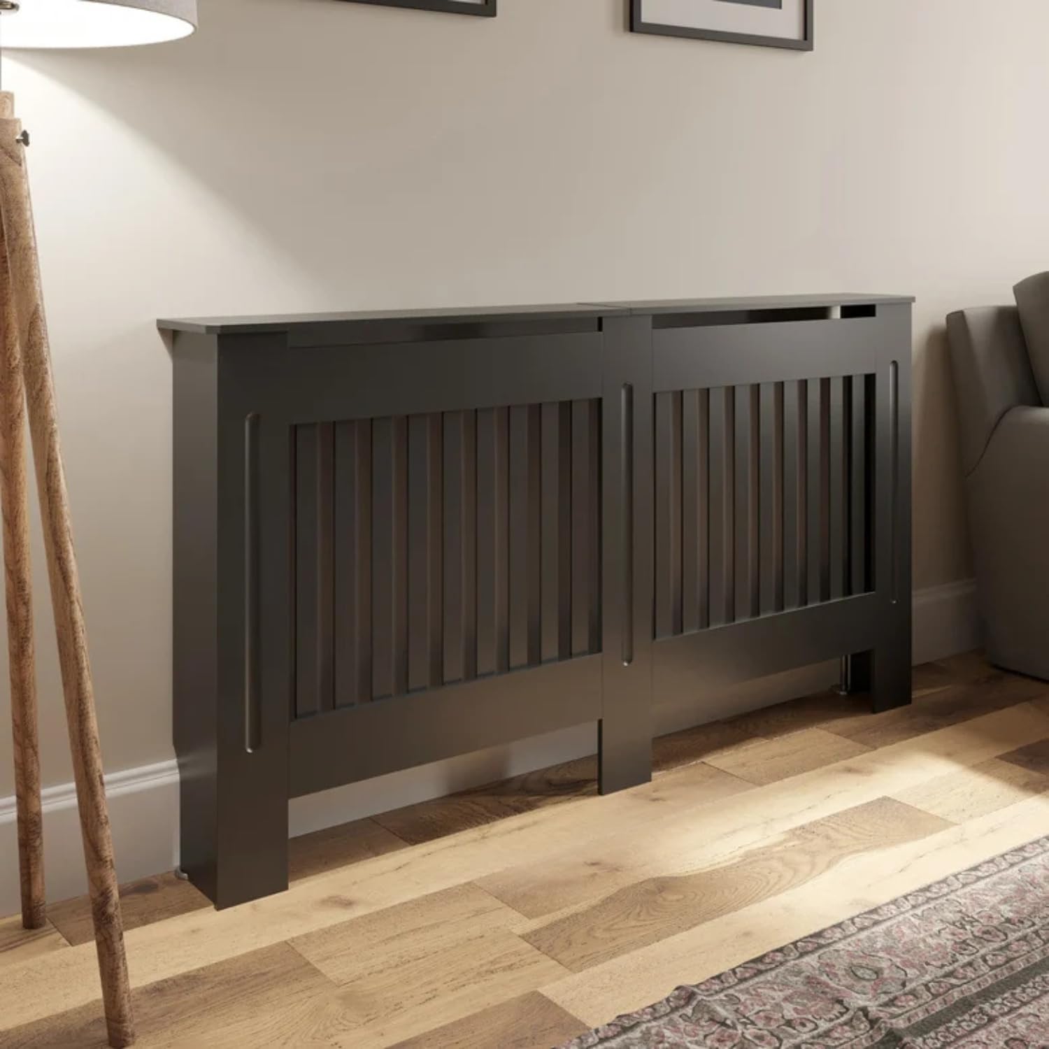 DuraTherm® Radiator Cover Black Painted MDF Cabinet Horizontal Slat Storage Drawers & Shelf