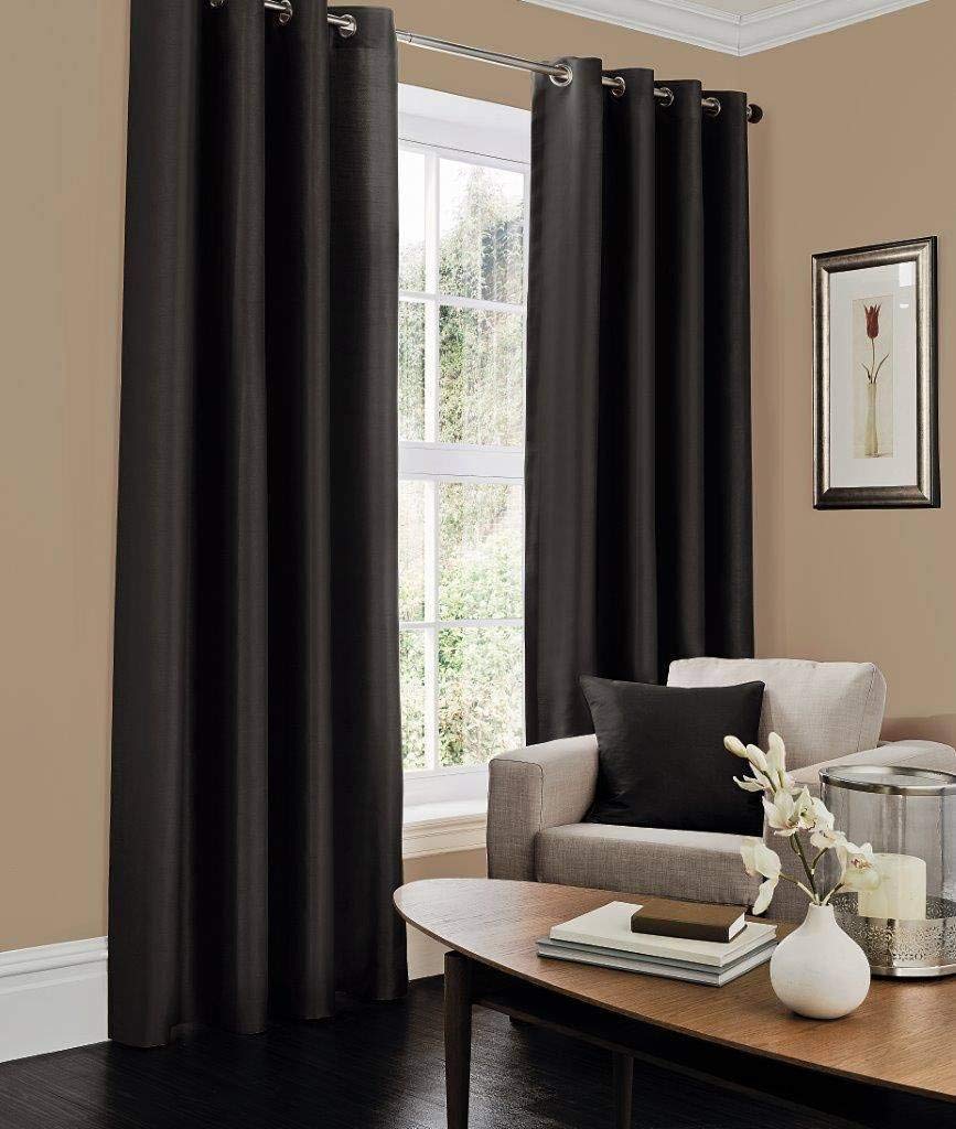 Faux Silk Fully Lined Plain Eyelet Curtains with tie Back (Black, 90" x 108")