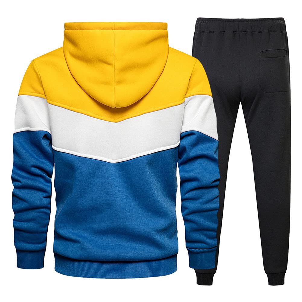 Completo Tuta da Ginnastica Uomo Contrasto Felpa con Cappuccio Top e Pantaloni della Tuta Jogger Tuta Sportiva Patchwork in 2 Pezzi Abbigliamento da Allenamento in Palestra