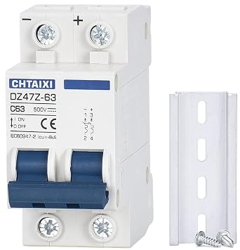 DC Miniature Circuit Breaker, 2 Pole 500V 63 Amp | DIN Rail Mount Isolator for Solar PV System, Thermal Magnetic Trip DC Disconnect Switch C63