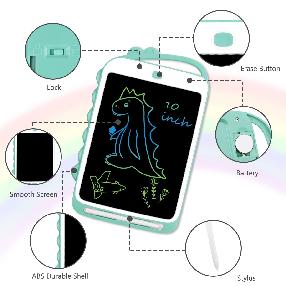 Vicloon Tavoletta Grafica LCD Scrittura, 10 Pollici Elettronica Tavoletta Grafica con Display Colorato, Cancellabile Lavagna Portatile da Disegno per Bambini con Penna e Interruttore di Blocco, Verde
