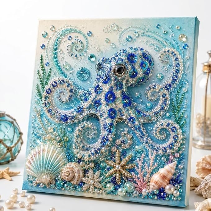 Ocean Theme Pearl Art DIY Kit, Octopus DIY Pearl Painting Kit, Ocean 3D Diamond Art for Adults & Beginners, Sparkling Coastal Wall Decor,Beginner DIY Gift (Octopus)