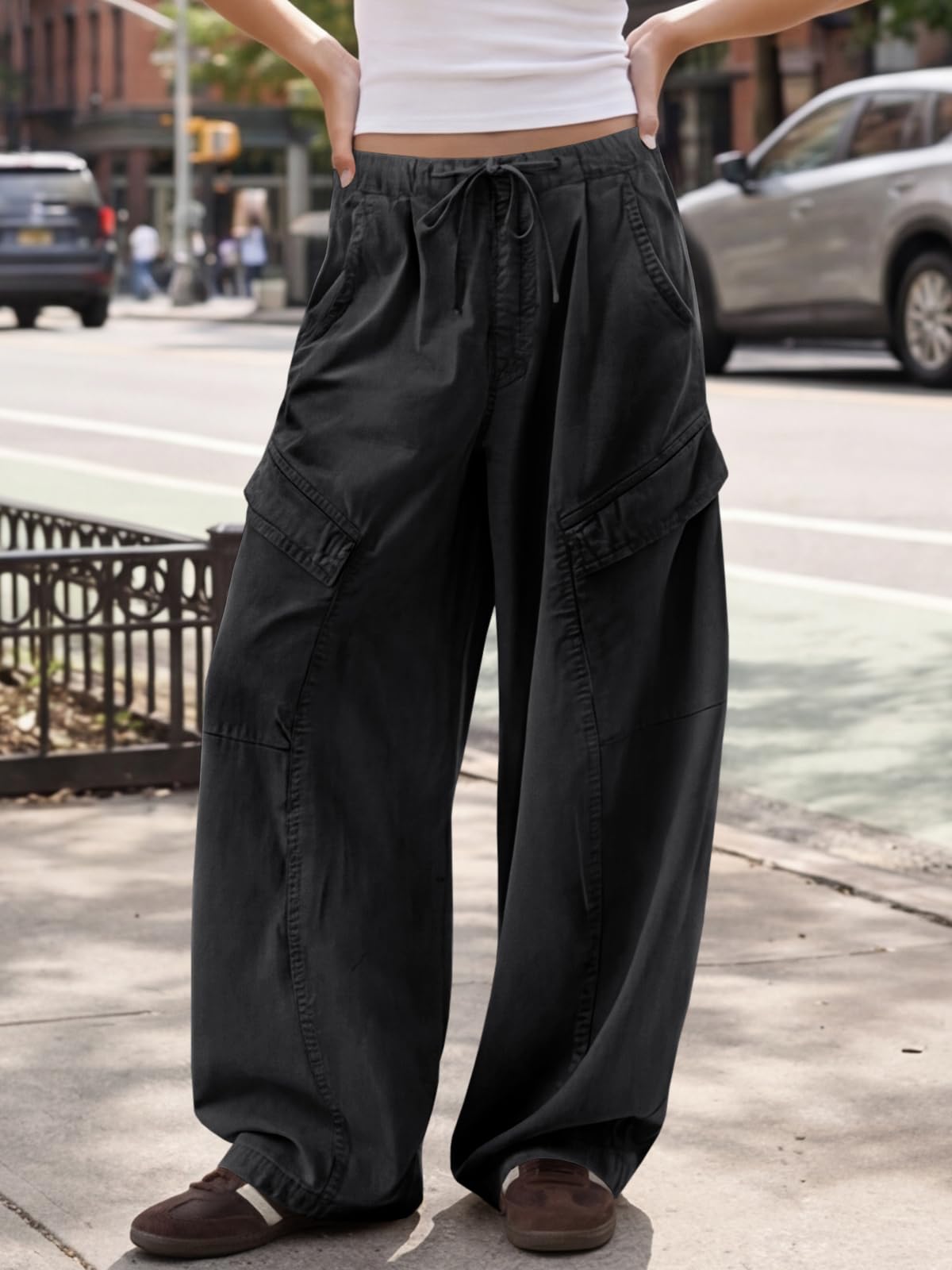 Fisoew Pantaloni da donna Baggy Y2K in vita elasticizzata, pantaloni cargo con coulisse e tasche, casual, larghi pantaloni
