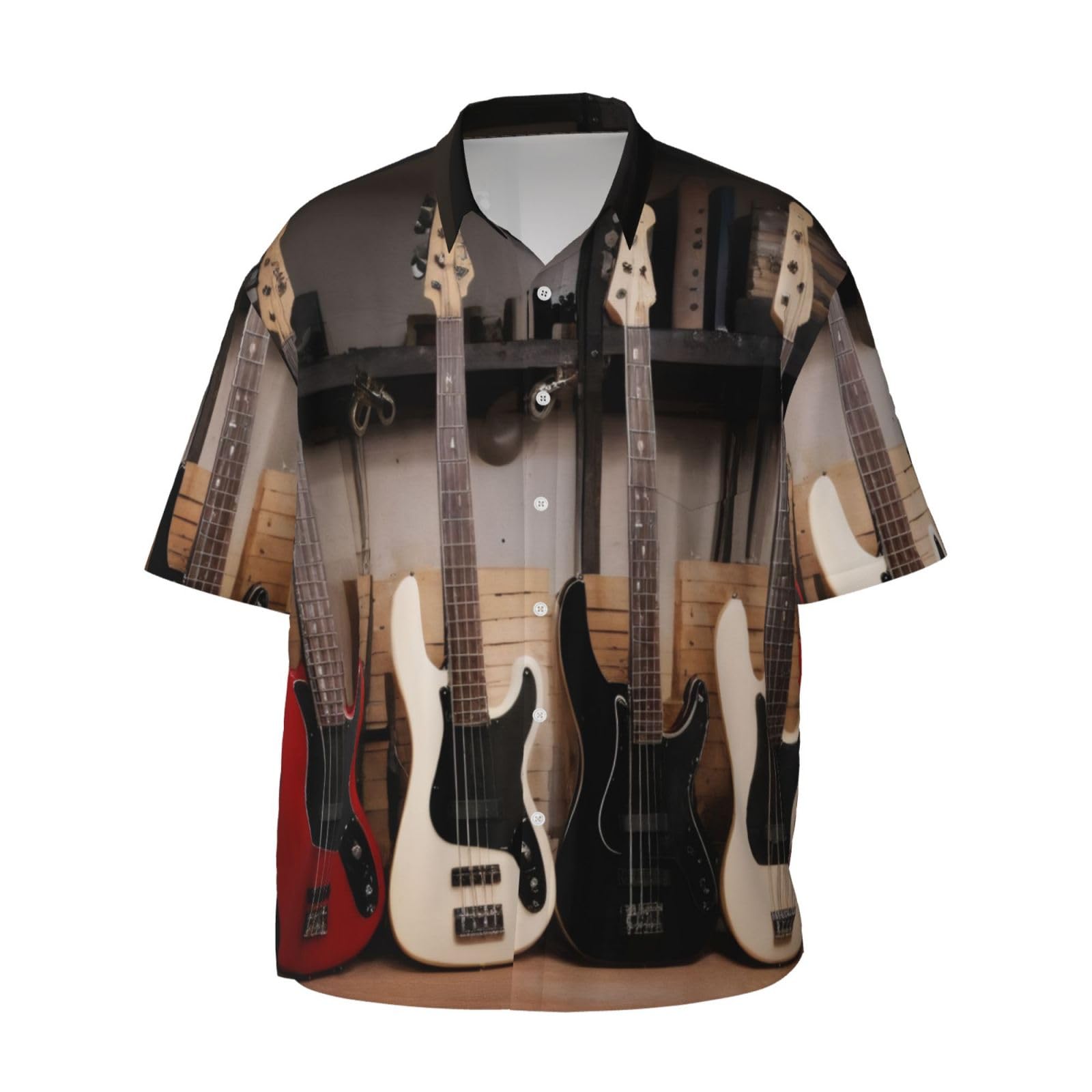 Chemise décontractée à manches courtes pour homme - Guitare basse - Instruments de musique - Chemise d'été boutonnée de plage avec poche | Chemises hawaïennes pour homme