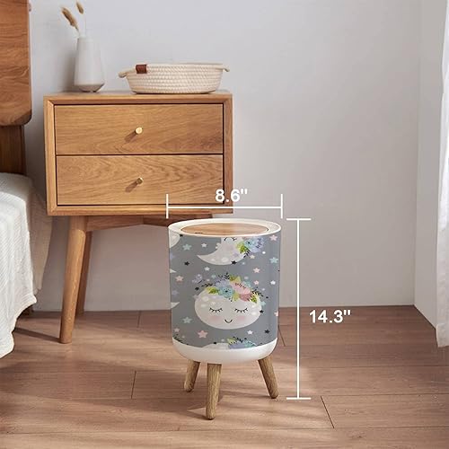 Miniatura 2 de Bote de basura con tapa sin costuras con hermosa luna EPS, tapa de prensa pequeña redonda con patas de madera, cesta de basura para baño, cocina,