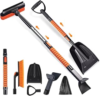 42'' Ice Scraper and Extendable Snow Brush for Car Windshield with with Foam Grip and 360° Pivoting Brush Head Snow Scraper,Snow Pushing Plate, Pivoting Snow Broom
