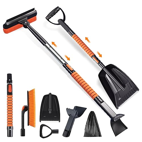 Tlingsd 42'' Ice Scraper and Extendable Snow Brush for Car Windshield with with Foam Grip and 360° Pivoting Brush Head Snow Scraper,Snow Pushing Plate, Pivoting Snow Broom