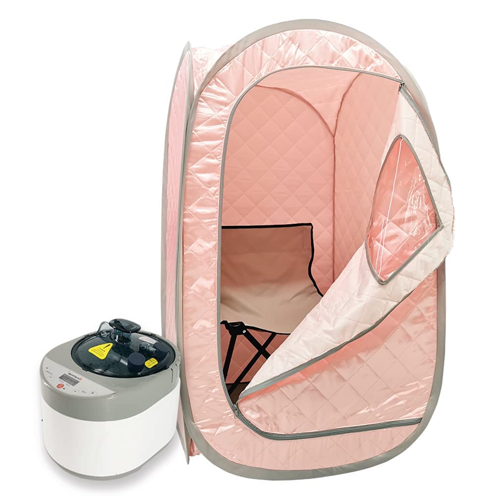 Smartmak Portable Steam Sauna Set, Foldable One Person SPA Tent with 4L Larger Steamer, Chair, Remote Control, Weight Loss&Detox-Pink