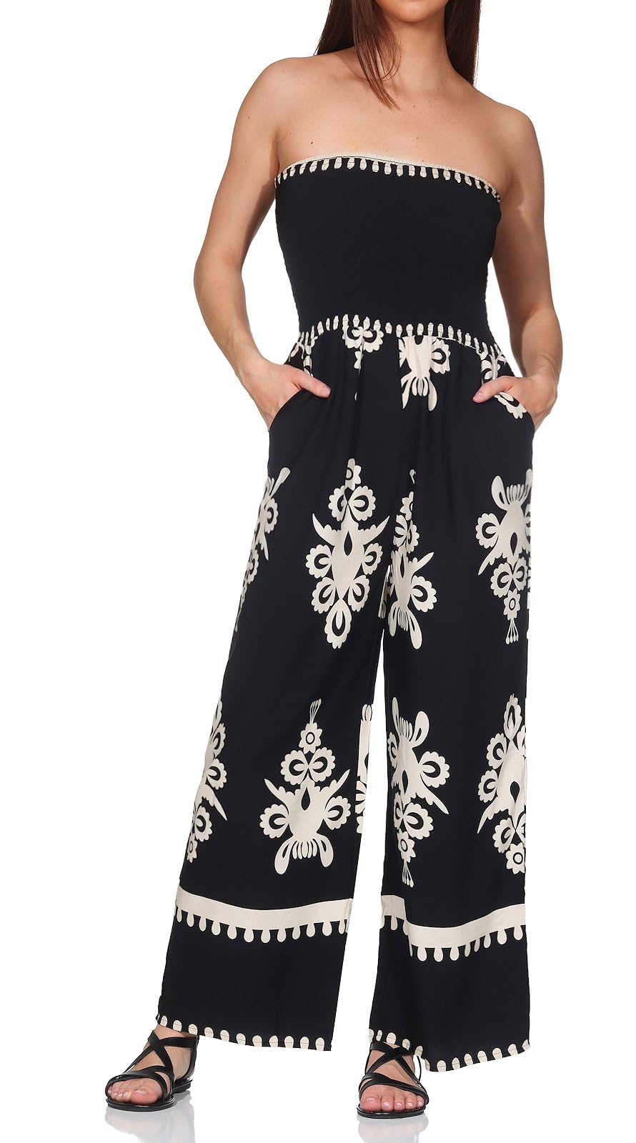 Hailys Damen Viskose Jumpsuit Bandeau Overall Einteiler trägerlos mit Ornamentmuster Ja44nina