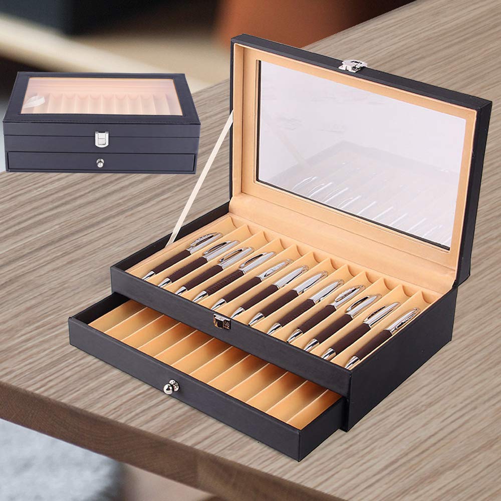 Meeden Sakura - Portapenne in legno con 24 scomparti, colore nero, 30,5 x 20 x 9,5 cm, coperchio trasparente, 2 livelli con cassetto