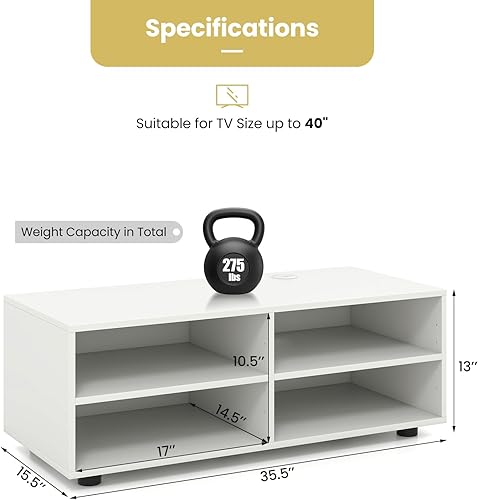 Miniatura 3 de Tangkula Soporte de TV blanco para TV de hasta 40 pulgadas, mesa consola multimedia con 4 cubículos, estantes ajustables en 5 posiciones, centro de