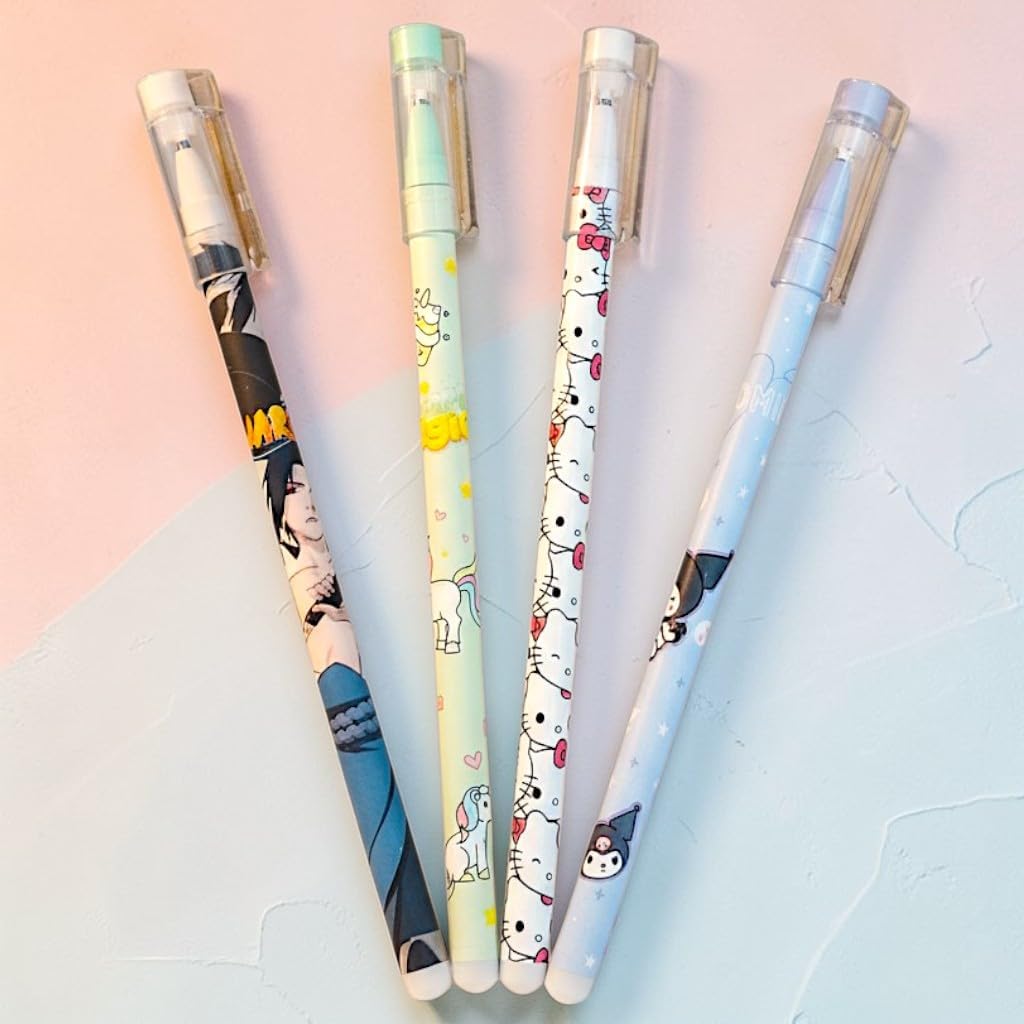 Erasable Gel Pens Set | 0.7mm Blue Ink | Cute Cartoon Printed Erasable Pens with Eraser Tip | Smooth Writing Magic Pen for Kids, Girls, Students & School Supplies (4)