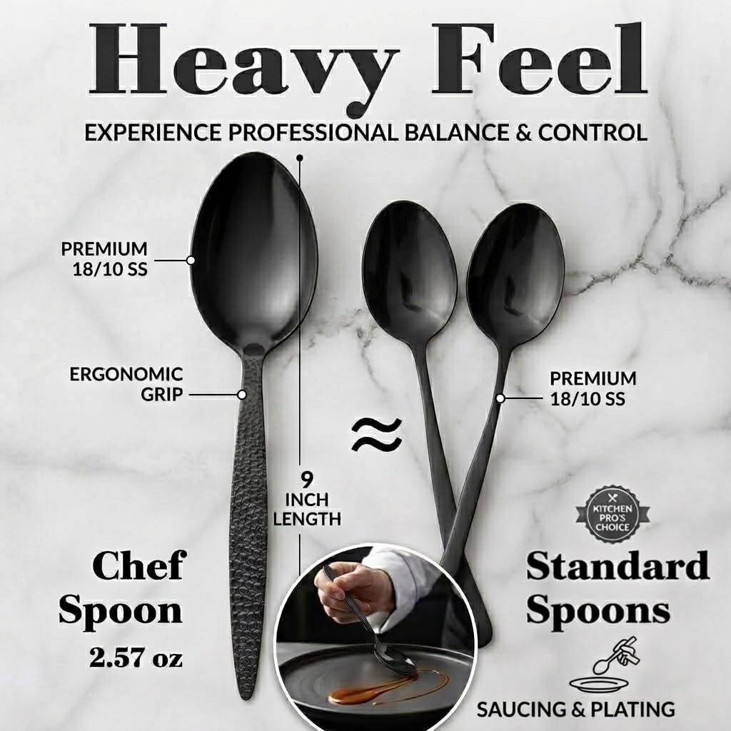 CREATIVECHEF Kunz Löffel, Chef Kunz Kochlöffel, Edelstahl, Titan, glänzender Bratlöffel, 18/10 Edelstahl, beschichtete Kunz-Löffel, Servierlöffel für Abendessen (schwarz)