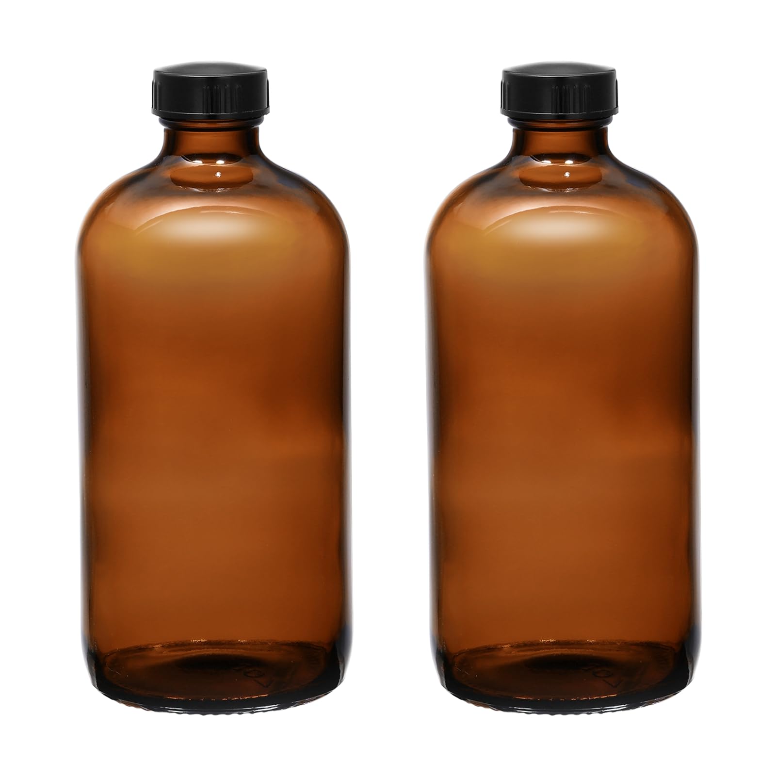 2 Pack - 16 oz Amber Glass Boston Round Bottles with Black Airtight Polycone Caps Reusable UV-Resistant Glass